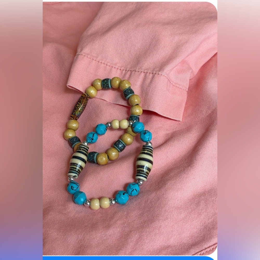 Boho Southwestern Stretch Bracelet Set Turquoise Look Beads Artisan Wood Beads